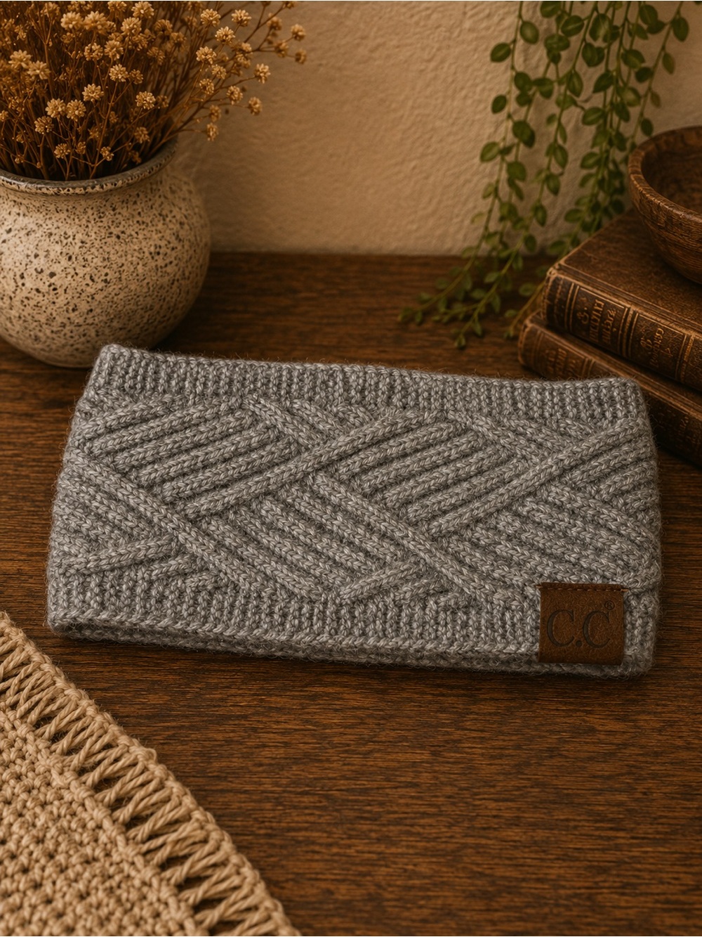 C.C.Classic Knit Women’s‎ Diagonal Criss-Cross Patterned Head Wrap Headband Gray
